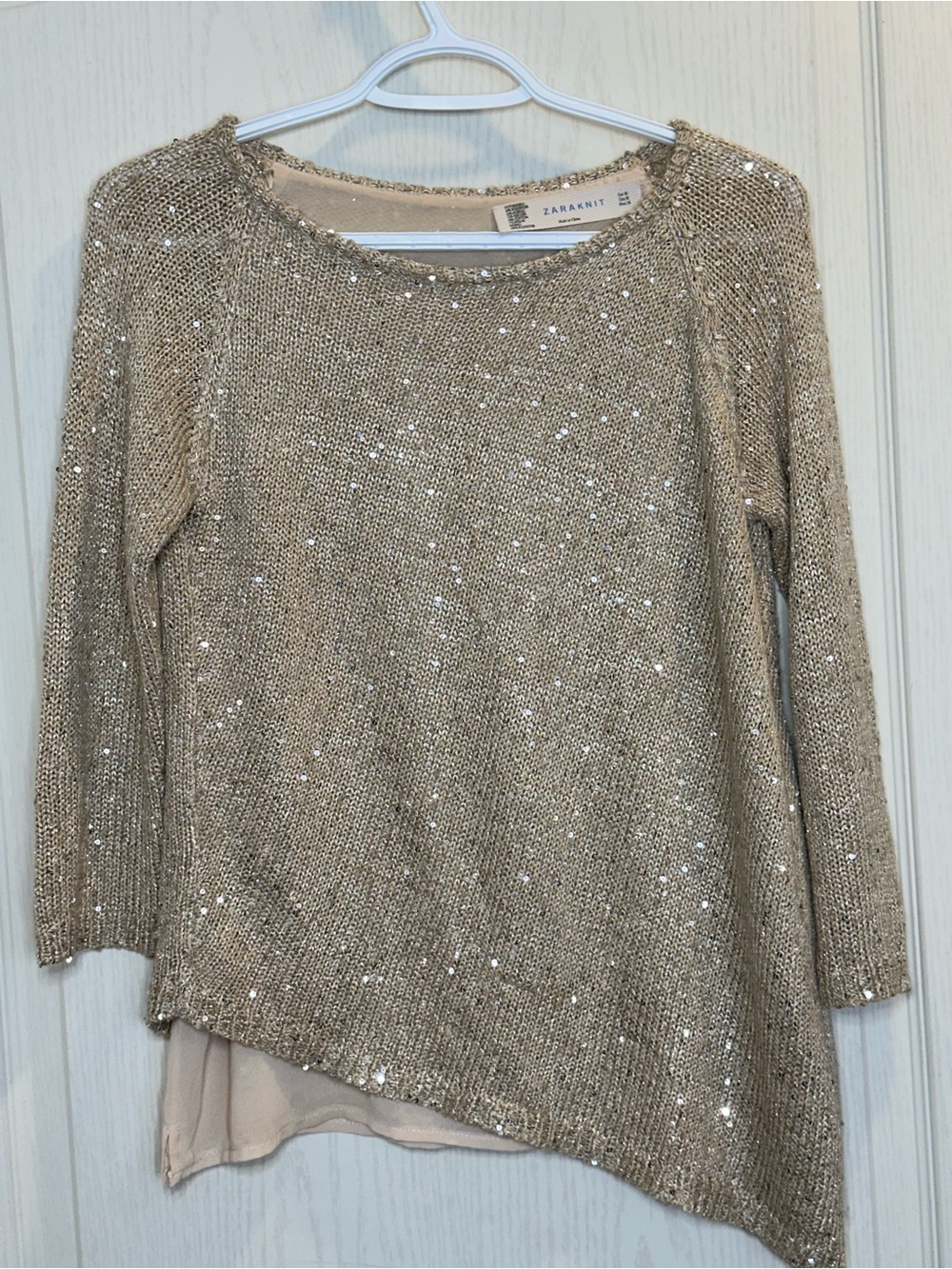 Zara knit crewneck sweater with sequins in beige and silver - keyhole back M